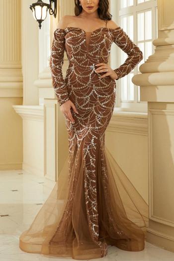elegant slight stretch sequin mesh stitching padded off shoulder maxi dress