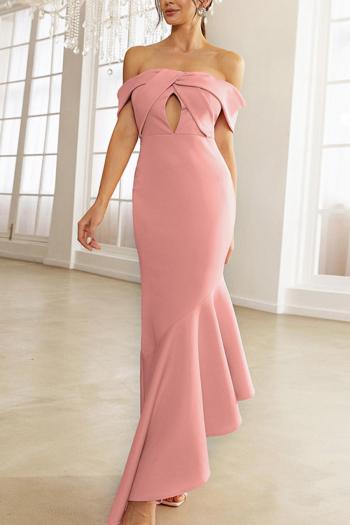 elegant slight stretch pure color padded hollow maxi dress