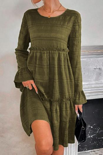 casual slight stretch solid color crew neck long sleeve midi dress