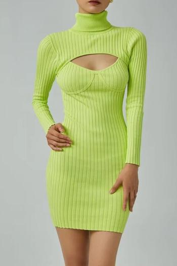 pure color stretch hollow out high collar sexy knitted mini dress size run small