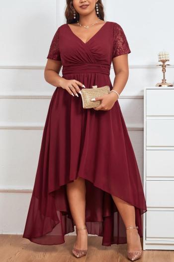 elegant plus size slight stretch lace stitching chiffon v-neck maxi dress