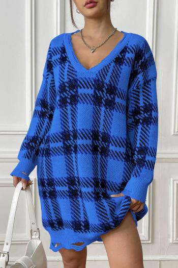casual slight stretch checkered knitted 3 colors v-neck sweater mini dress