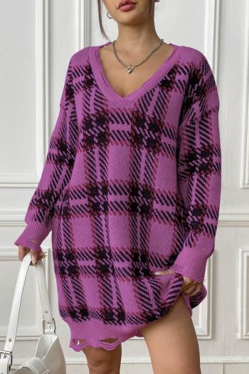 casual slight stretch checkered knitted v-neck sweater mini dress