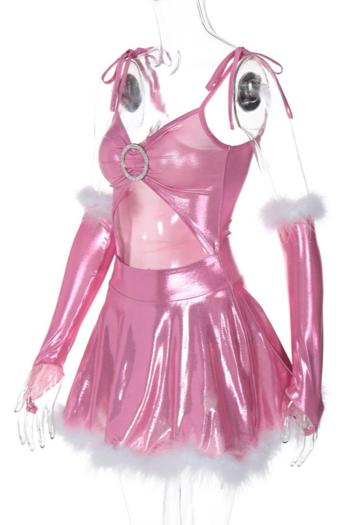 Sexy slight stretch holographic furry hem mini dress with one pair of sleeves