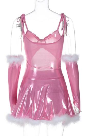 Sexy slight stretch holographic furry hem mini dress with one pair of sleeves