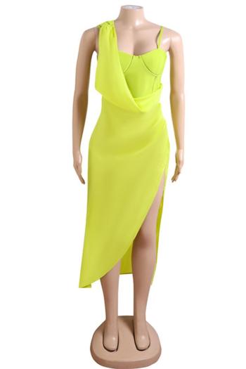 Elegant solid color zip-up slight stretch padded sling high split midi dress