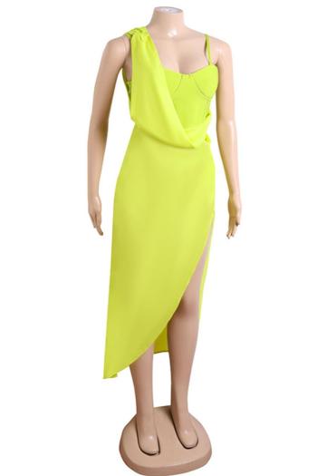 Elegant solid color zip-up slight stretch padded sling high split midi dress