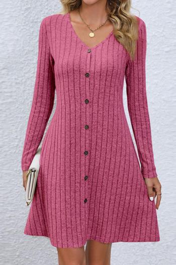 plus size pure color single breasted v-neck stretch slim knit mini dress