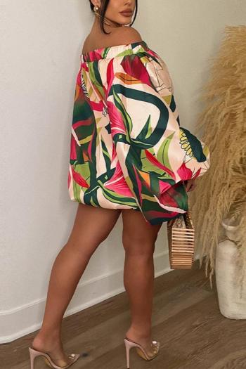 Sexy plus size slight stretch leaf batch printing off shoulder mini dress