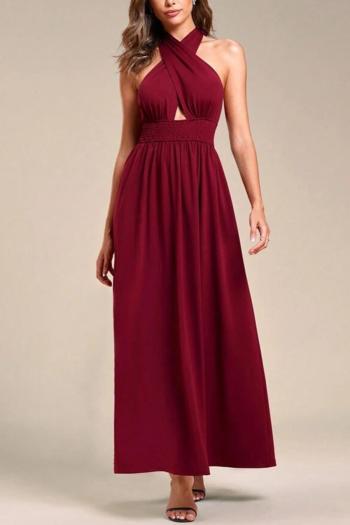 elegant slight stretch pure color halter-neck lace-up maxi dress