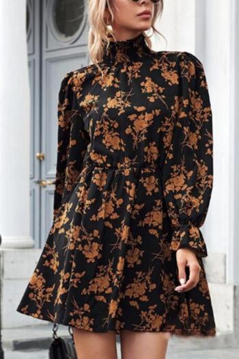 xs-xl stylish non-stretch floral printing high-neck mini dress