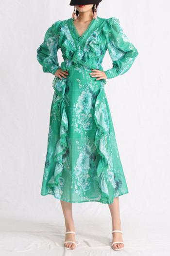 elegant non-stretch floral printing v-neck ruffle midi dress