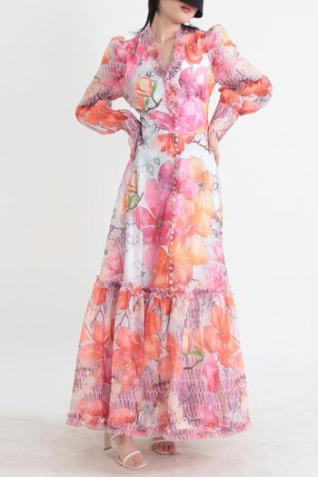 elegant non-stretch floral printing v-neck ruffle lace-up with lined maxi dress