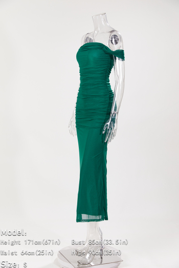 Elegant slight stretch pure color off shoulder backless maxi dress(with lined)