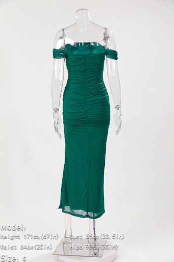 Elegant slight stretch pure color off shoulder backless maxi dress(with lined)