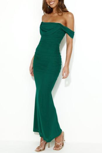 Elegant slight stretch pure color off shoulder backless maxi dress(with lined)