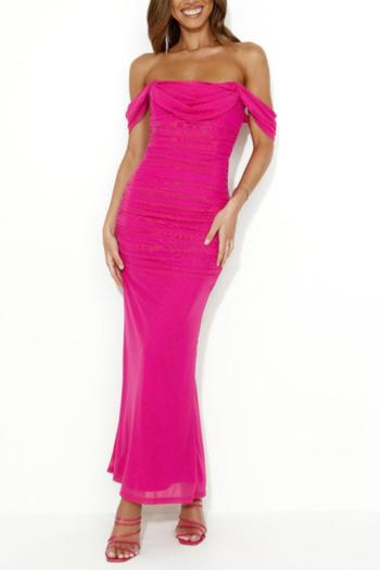 Elegant slight stretch pure color off shoulder backless maxi dress(with lined)
