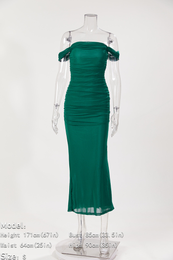 Elegant slight stretch pure color off shoulder backless maxi dress(with lined)