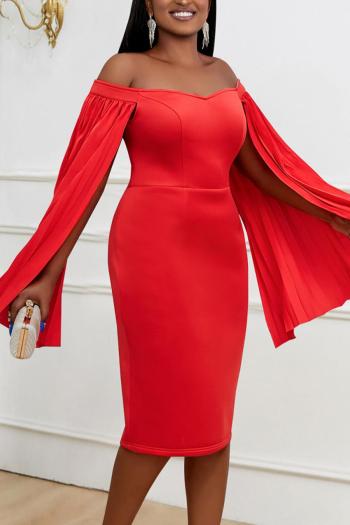 sexy plus size slight stretch pure color off shoulder pleated sleeve midi dress