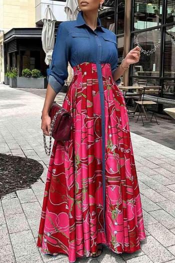 casual plus size slight stretch fixed printing lapel button maxi dress