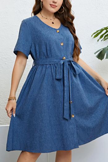 casual plus size slight stretch pure color with belt midi dress