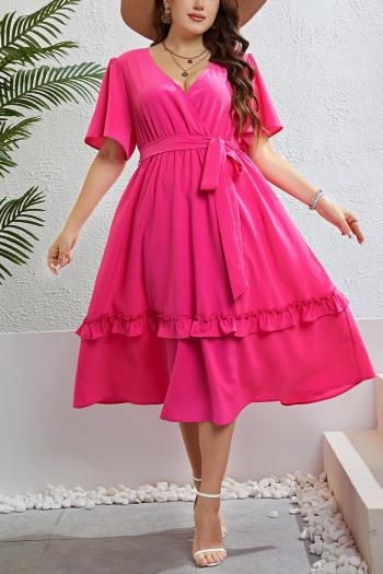 casual plus size non-stretch solid with belt midi dress