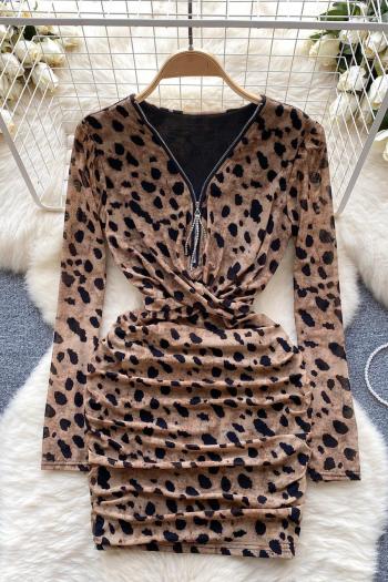 sexy slight stretch leopard printing rhinestone zip-up v-neck mini dress