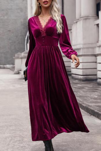 slight stretch v-neck pure color stitching lace velvet casual midi dress