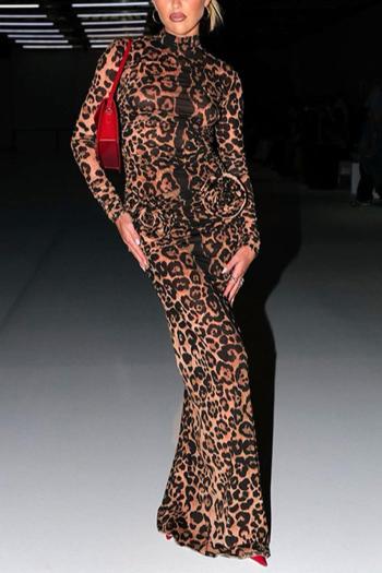 sexy slight stretch leopard printing crew neck flower decor maxi dress