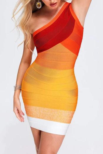 sexy slight stretch gradient color stripe one shoulder bodycon mini dress