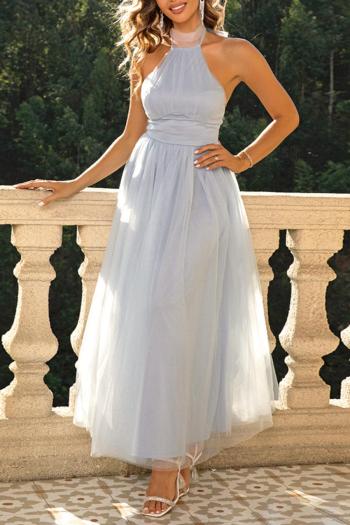 elegant non-stretch solid color mesh halter neck backless zip-up maxi dress