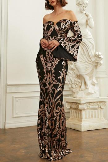 elegant slight stretch padded sequins off-shoulder maxi evening dress