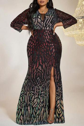 elegant plus size slight stretch gradient sequins slit maxi evening dress