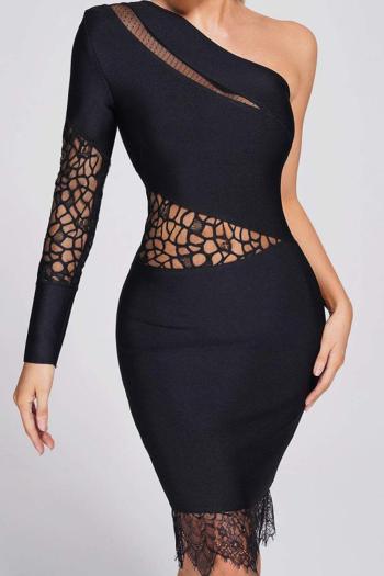 sexy slight stretch one-shoulder lace patchwork slim zip-up midi dress