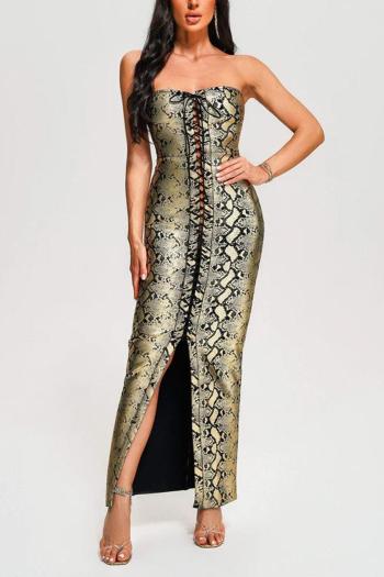 sexy slight stretch snake print strapless lace-up zip-up slit maxi dress