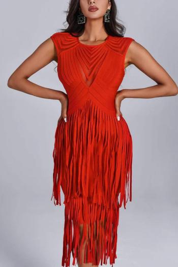 sexy slight stretch solid color slim tassel zip-up hollow midi dress