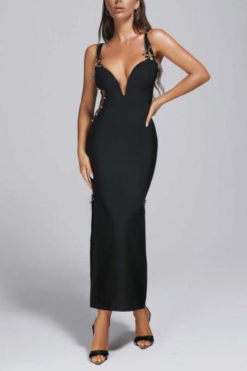 sexy slight stretch solid color sling metal safety pin high slit maxi dress