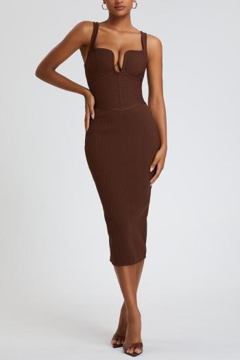 sexy slight stretch solid color sling slim slit zip-up high quality midi dress