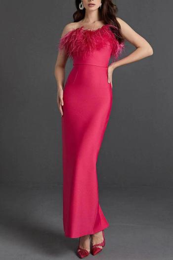 elegant slight stretch solid color feather strapless slit zip-up maxi dress