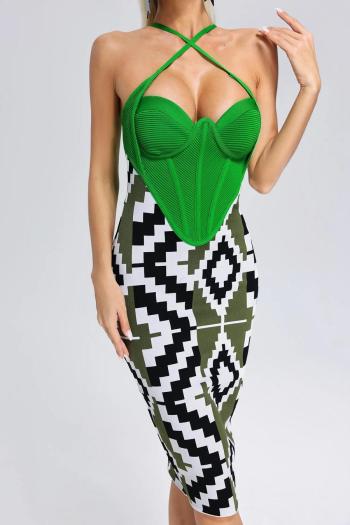 sexy slight stretch patchwork contrast color tight zip-up cross sling midi dress