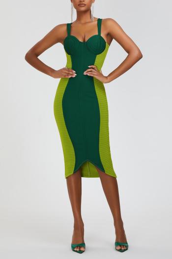 sexy slight stretch contrast color sling slim zip-up high quality midi dress