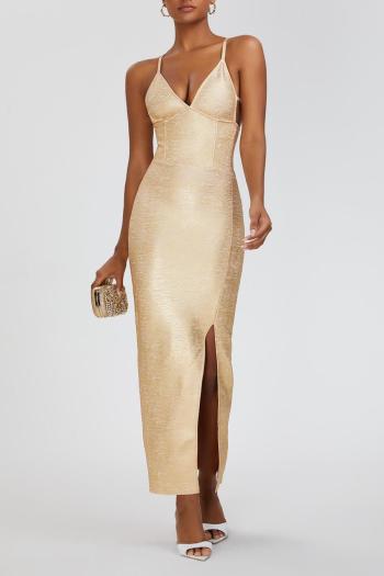 elegant slight stretch solid color sling slit backless high quality maxi dress