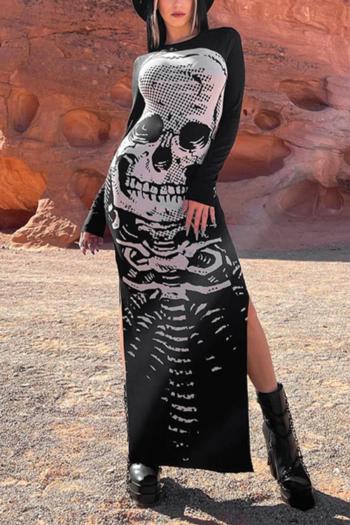 new stylish skeleton pattern print stretch crew neck casual split maxi dress
