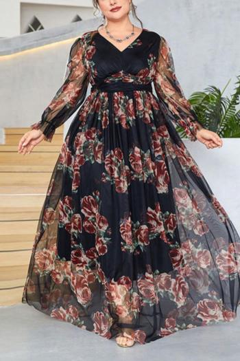 casual plus size non-stretch floral printing mesh v-neck maxi dress