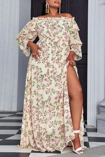 casual plus size slight stretch floral printing off-shoulder slit maxi dress