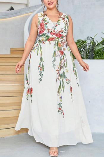 casual plus size non-stretch floral printing chiffon sleeveless maxi dress