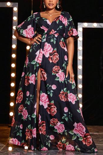 casual plus size non-stretch floral printing loose slit maxi dress