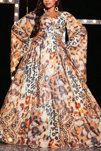 casual plus size non-stretch leopard printing long sleeves maxi dress