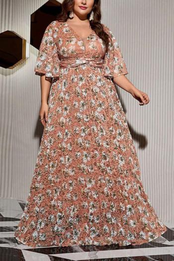 elegant plus size non-stretch lace flower printing maxi dress