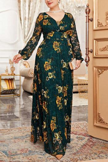 elegant plus size non-stretch lace flower embroidery v-neck maxi dress